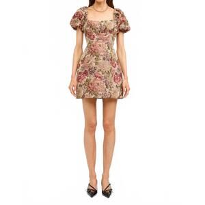 NEW SOFIE THE LABEL floral jacquard puff sleeve dress in burgundy